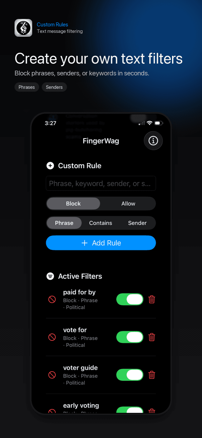 FingerWag iPhone screenshot showing custom text filter rules
