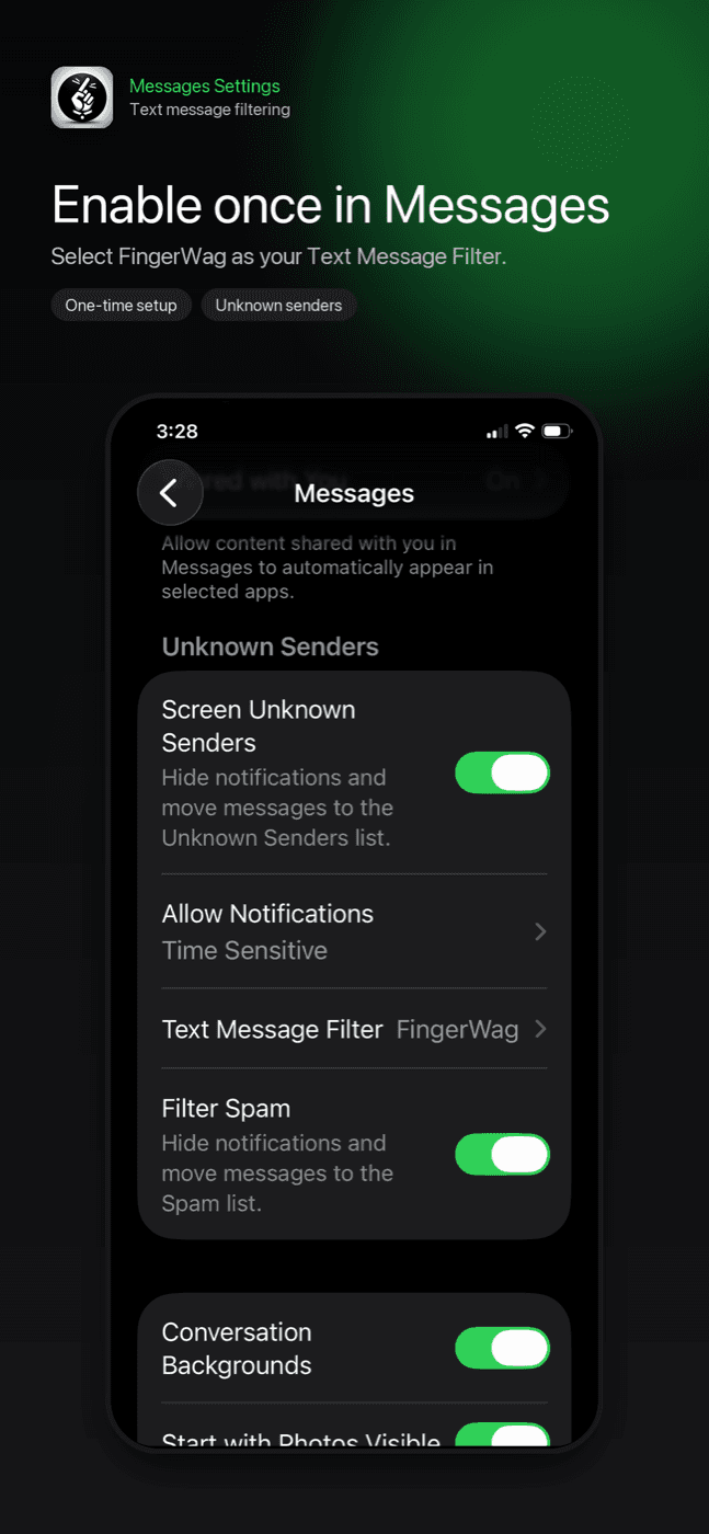 iPhone Settings screenshot showing FingerWag selected for Text Message Filtering