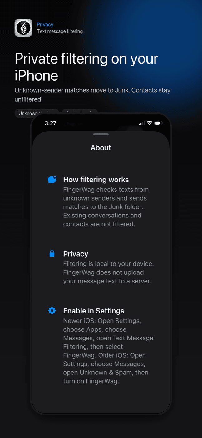 FingerWag iPhone screenshot showing ready-made rule packs for spam text filtering
