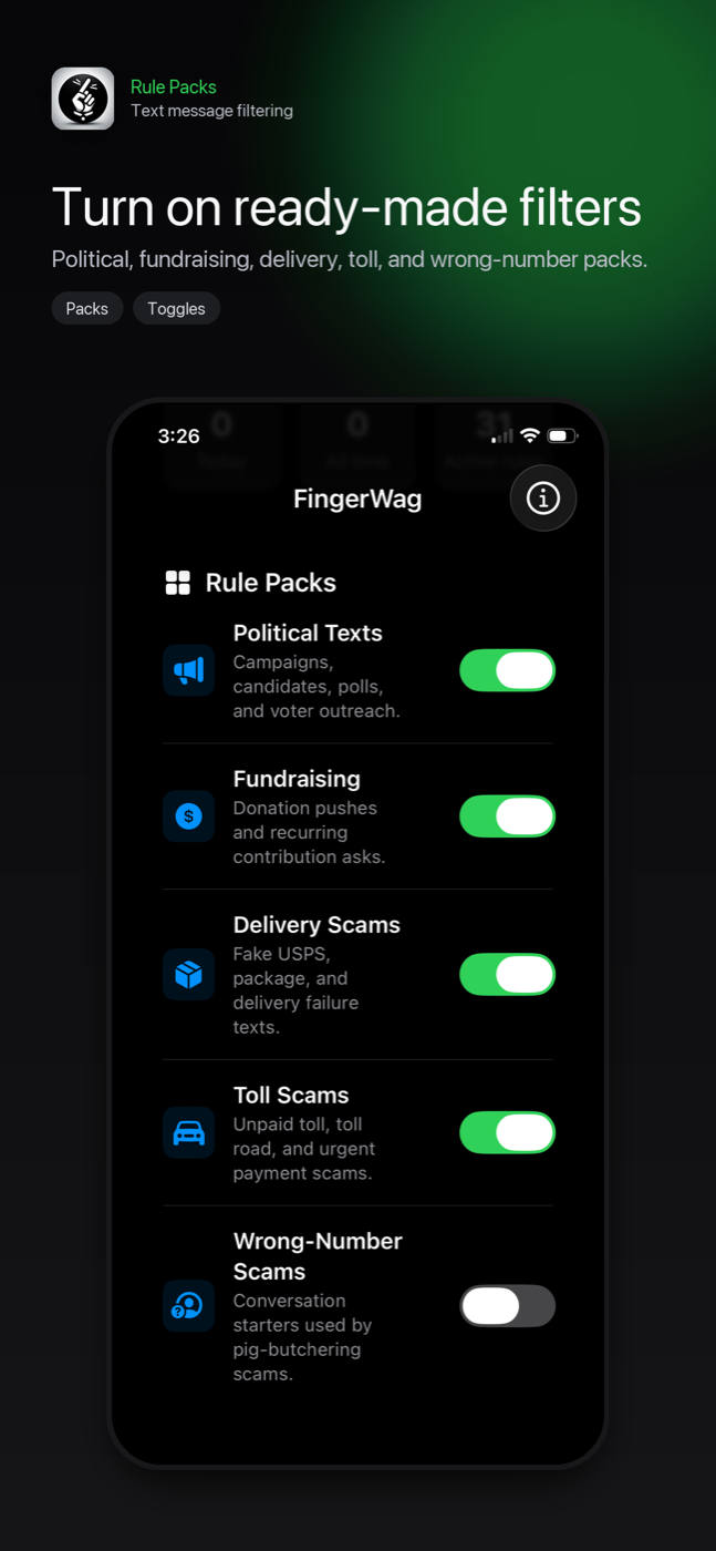 FingerWag iPhone app showing spam and scam text filtering rules